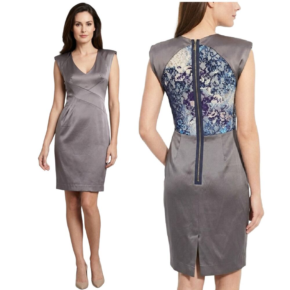 BLACK HALO Jagger Dress Size 6 Gray Satin V-Neck Blue Lace Back Sheath Cocktail
